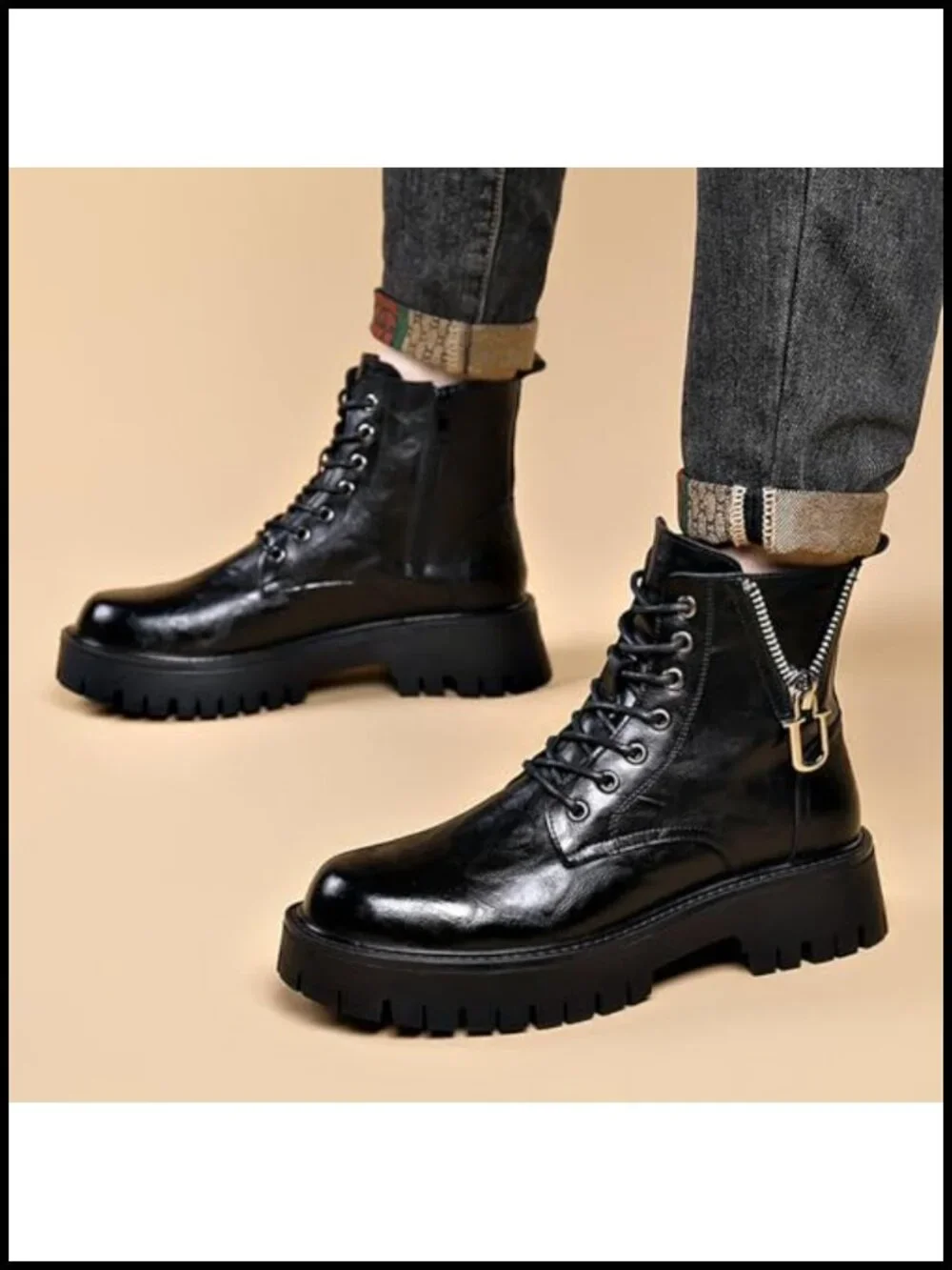 Genuine Leather Platform Combat Boots Lace Up Side Zipper Lug Sole Non-Slip